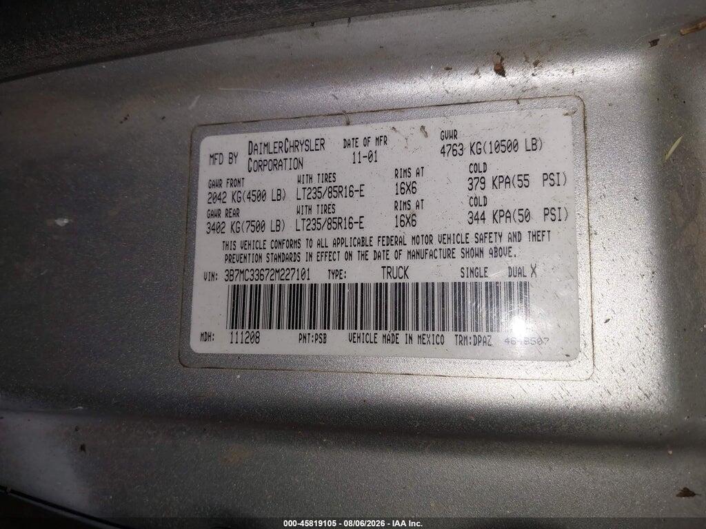 3B7MC33672M227101 2002 DODGE RAM 3500 photo no. 8