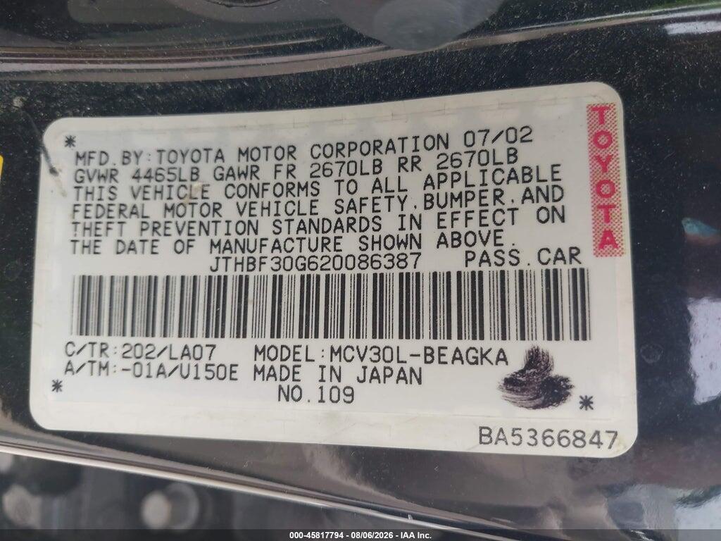 JTHBF30G620086387 2002 LEXUS ES 300 photo no. 9