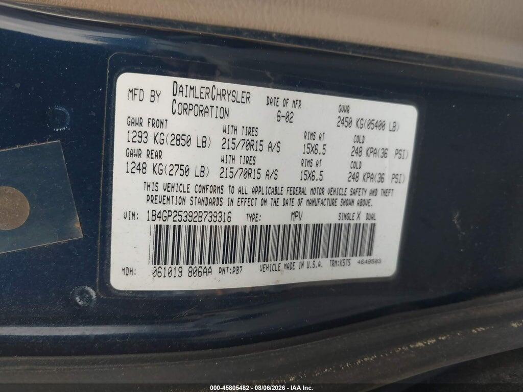 1B4GP25392B739316 2002 DODGE CARAVAN photo no. 9