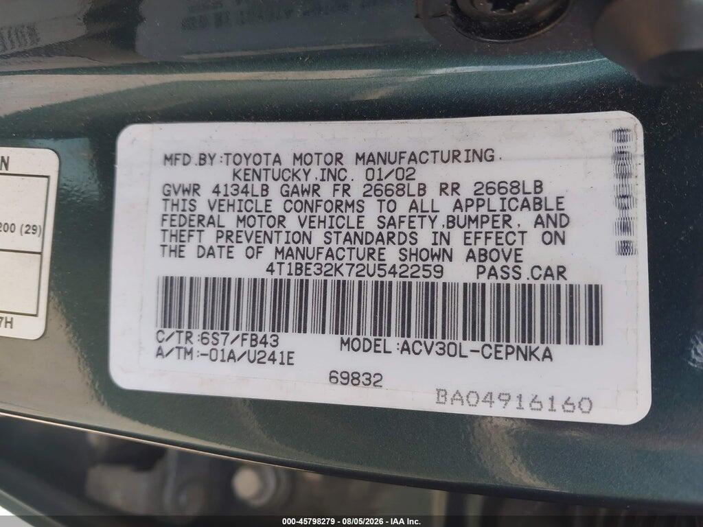 4T1BE32K72U542259 2002 TOYOTA CAMRY photo no. 9