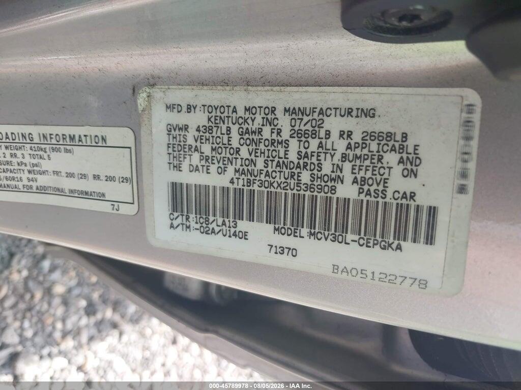4T1BF30KX2U536908 2002 TOYOTA CAMRY photo no. 9