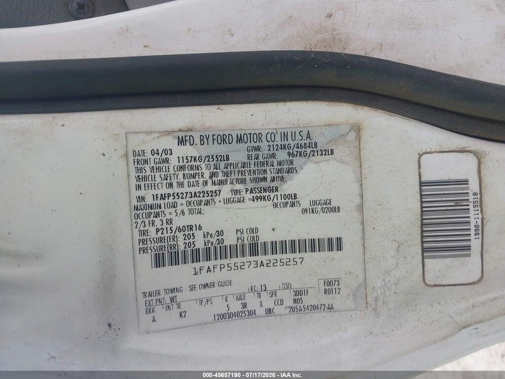 1FAFP55273A225257 2003 FORD TAURUS photo no. 9