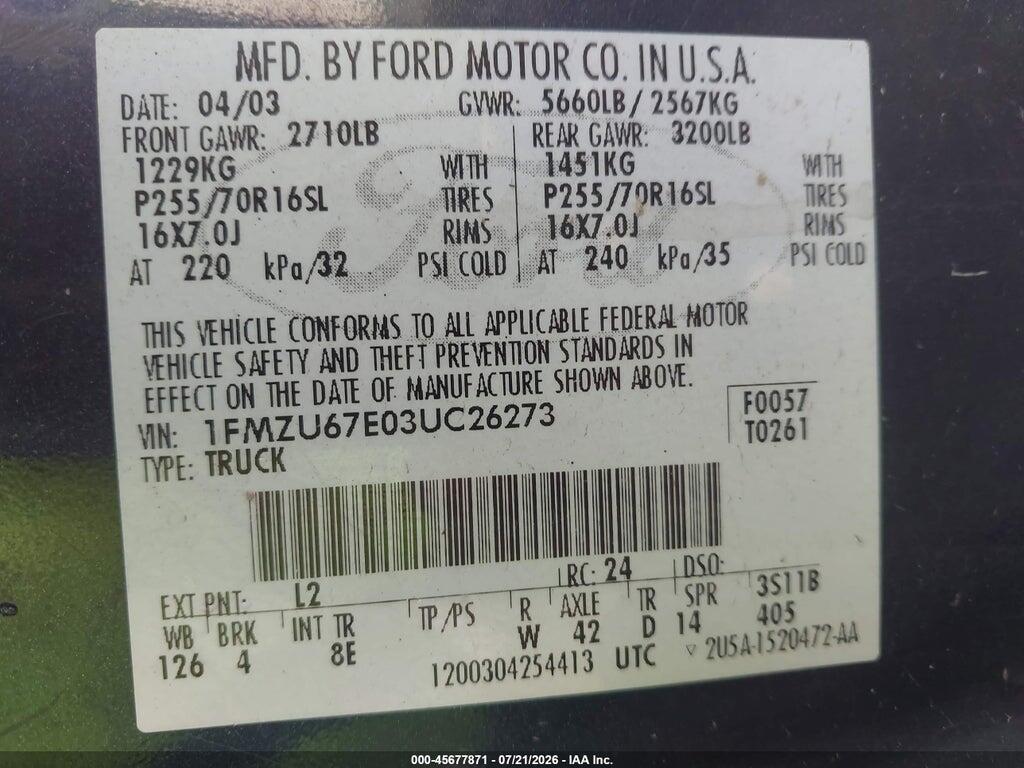 1FMZU67E03UC26273 2003 FORD EXPLORER SPORT TRAC photo no. 9