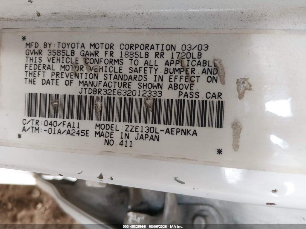 JTDBR32E632012333 2003 TOYOTA COROLLA photo no. 9
