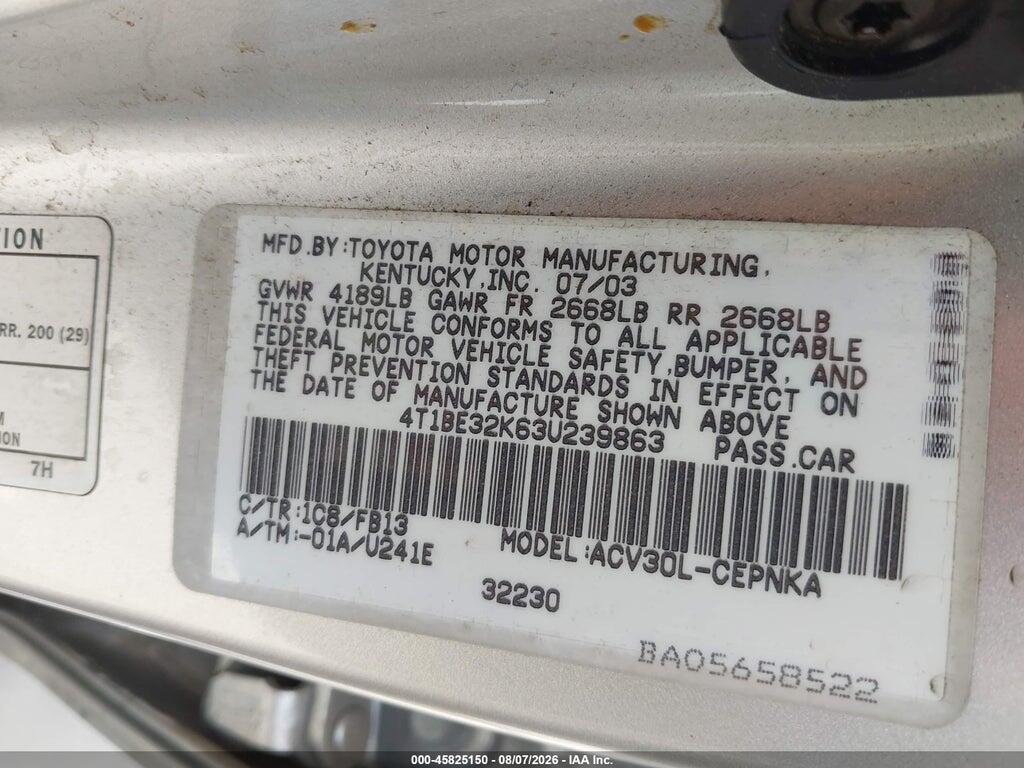 4T1BE32K63U239863 2003 TOYOTA CAMRY photo no. 9