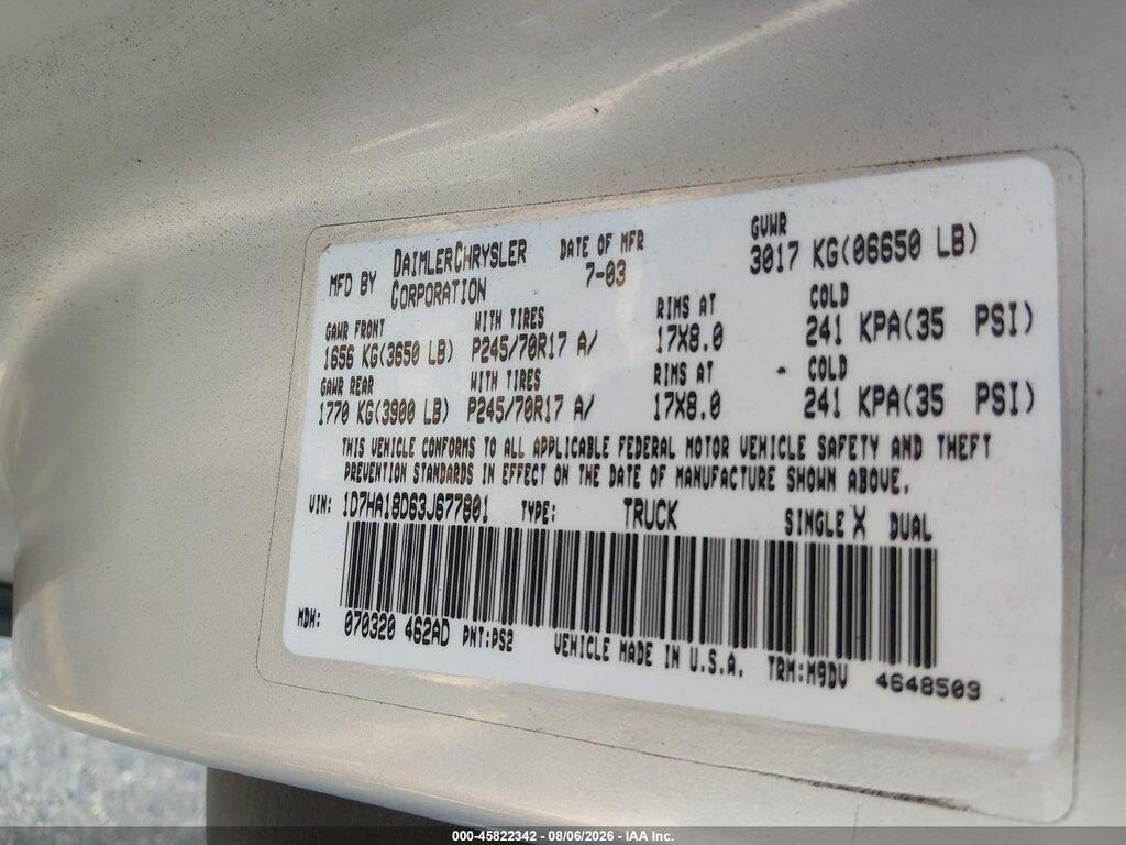 1D7HA18D63J677801 2003 DODGE RAM 1500 photo no. 9