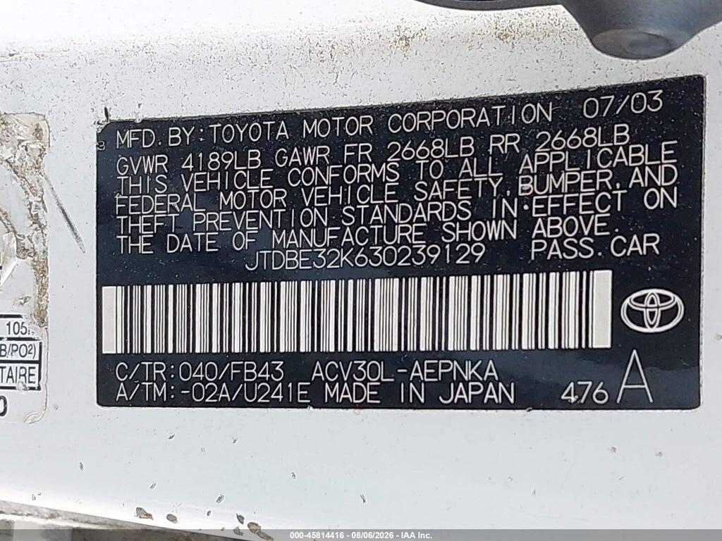 JTDBE32K630239129 2003 TOYOTA CAMRY photo no. 9