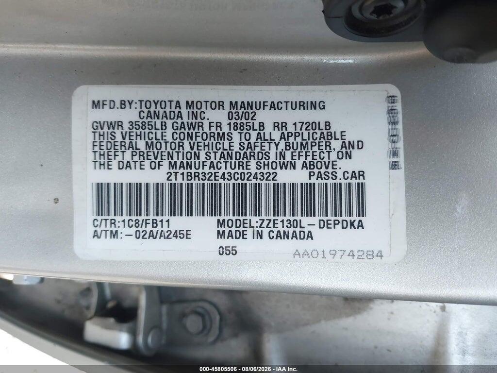 2T1BR32E43C024322 2003 TOYOTA COROLLA photo no. 9