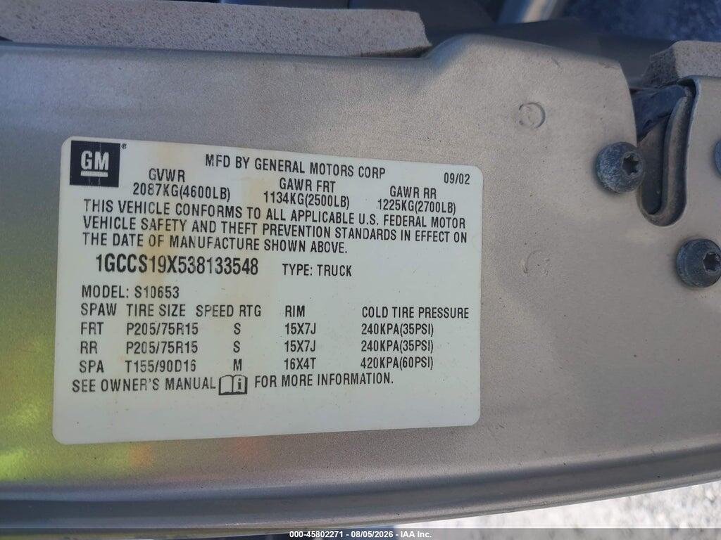 1GCCS19X538133548 2003 CHEVROLET S-10 photo no. 9