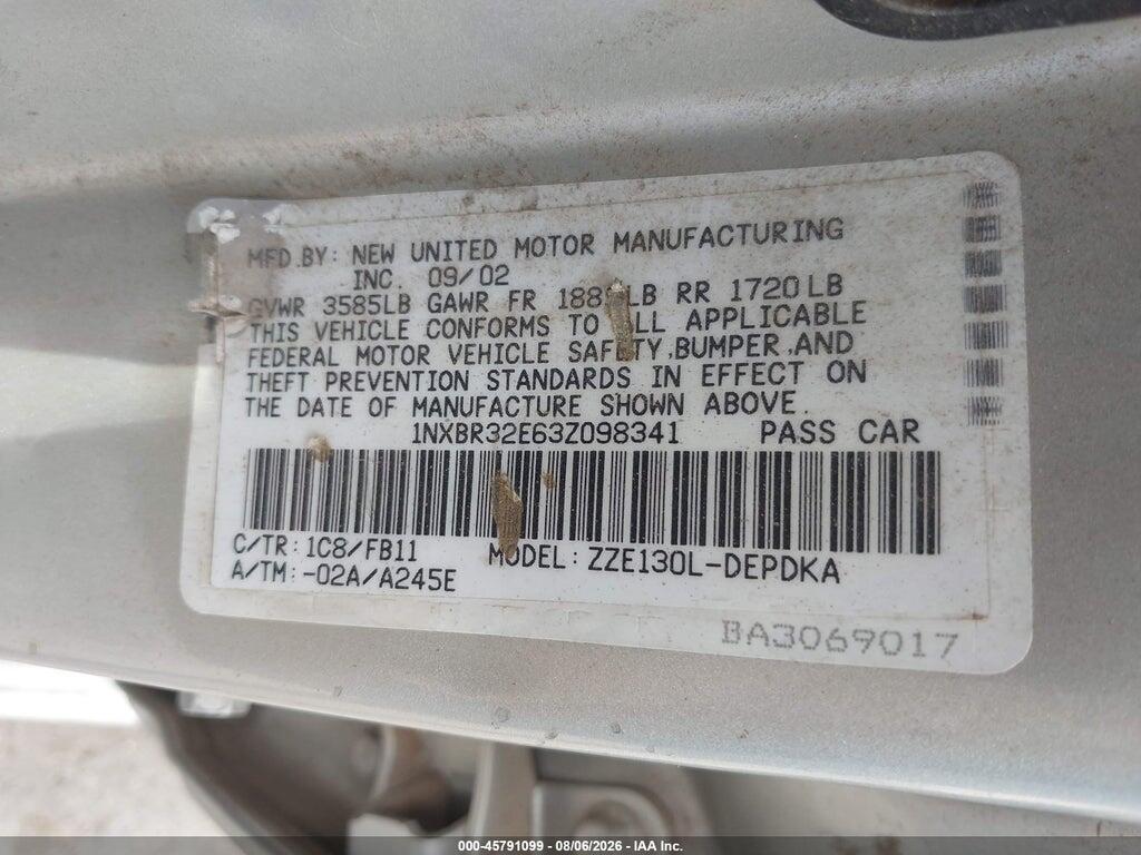 1NXBR32E63Z098341 2003 TOYOTA COROLLA photo no. 9