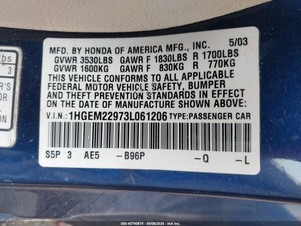 1HGEM22973L061206 2003 HONDA CIVIC photo no. 9