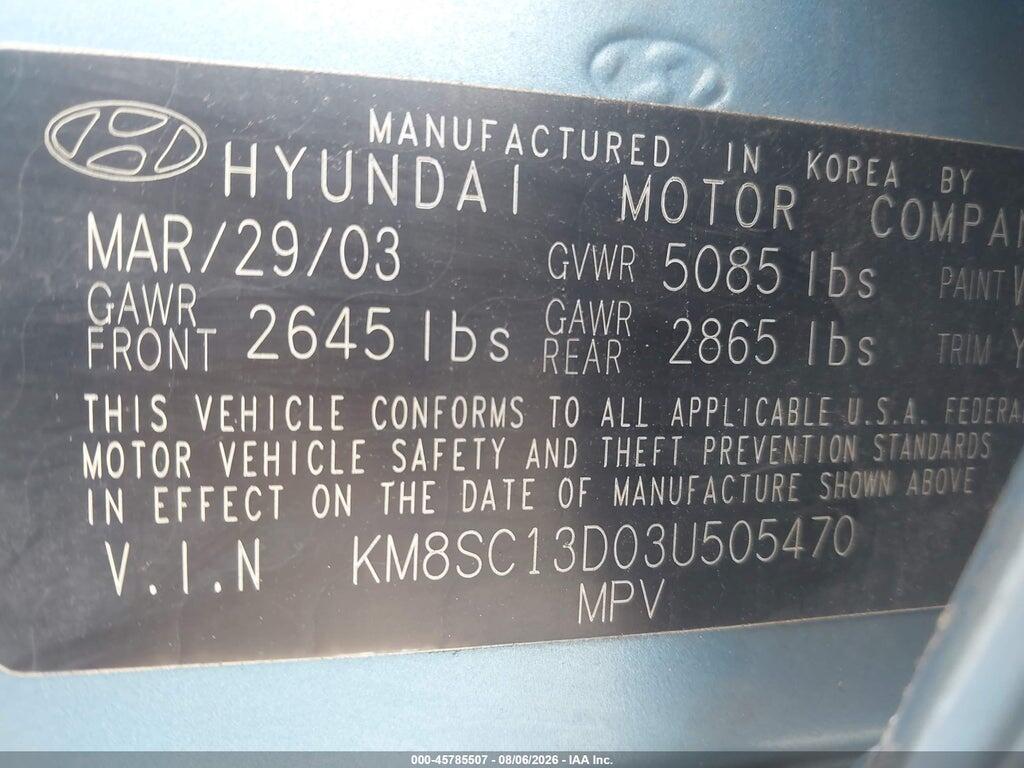 KM8SC13D03U505470 2003 HYUNDAI SANTA FE photo no. 9