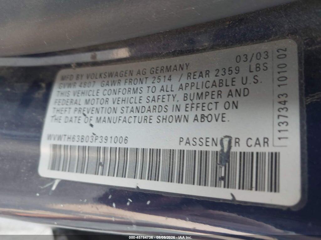 WVWTH63B03P391006 2003 VOLKSWAGEN PASSAT photo no. 9