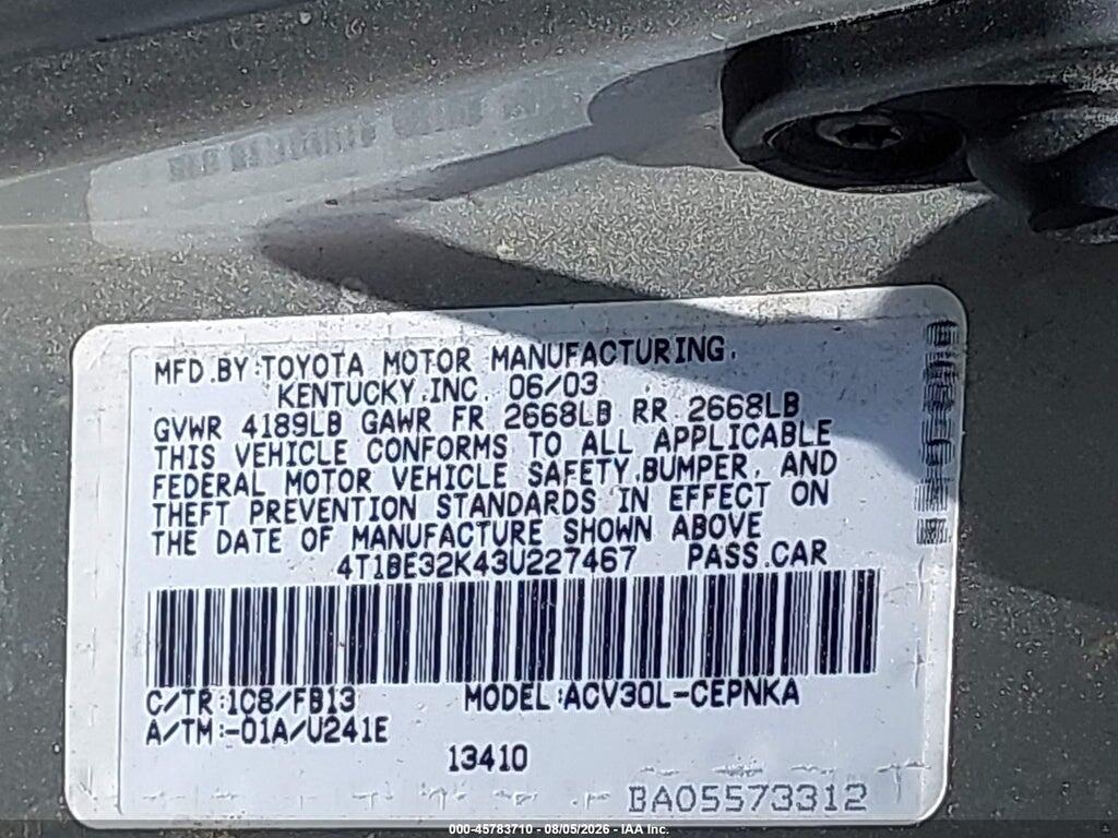 4T1BE32K43U227467 2003 TOYOTA CAMRY photo no. 9