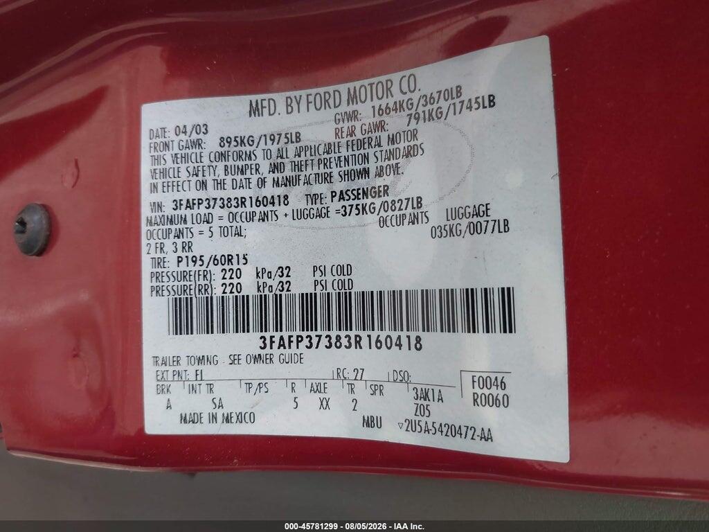 3FAFP37383R160418 2003 FORD FOCUS photo no. 9