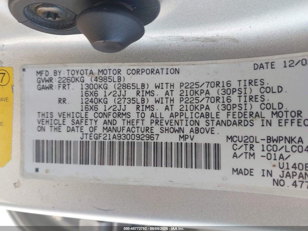 JTEGF21A930092967 2003 TOYOTA HIGHLANDER photo no. 9