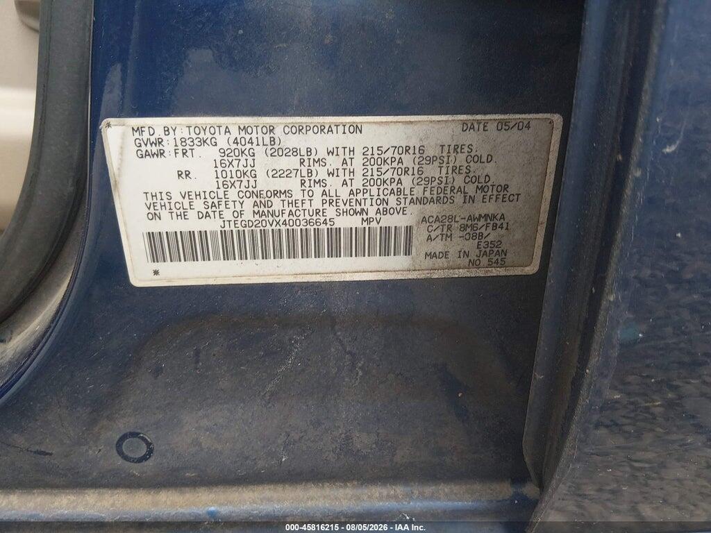 JTEGD20VX40036645 2004 TOYOTA RAV4 photo no. 9
