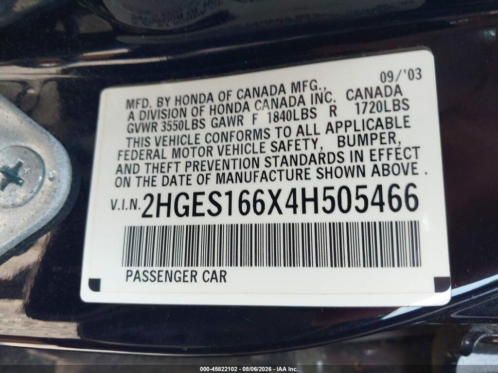 2HGES166X4H505466 2004 HONDA CIVIC photo no. 9