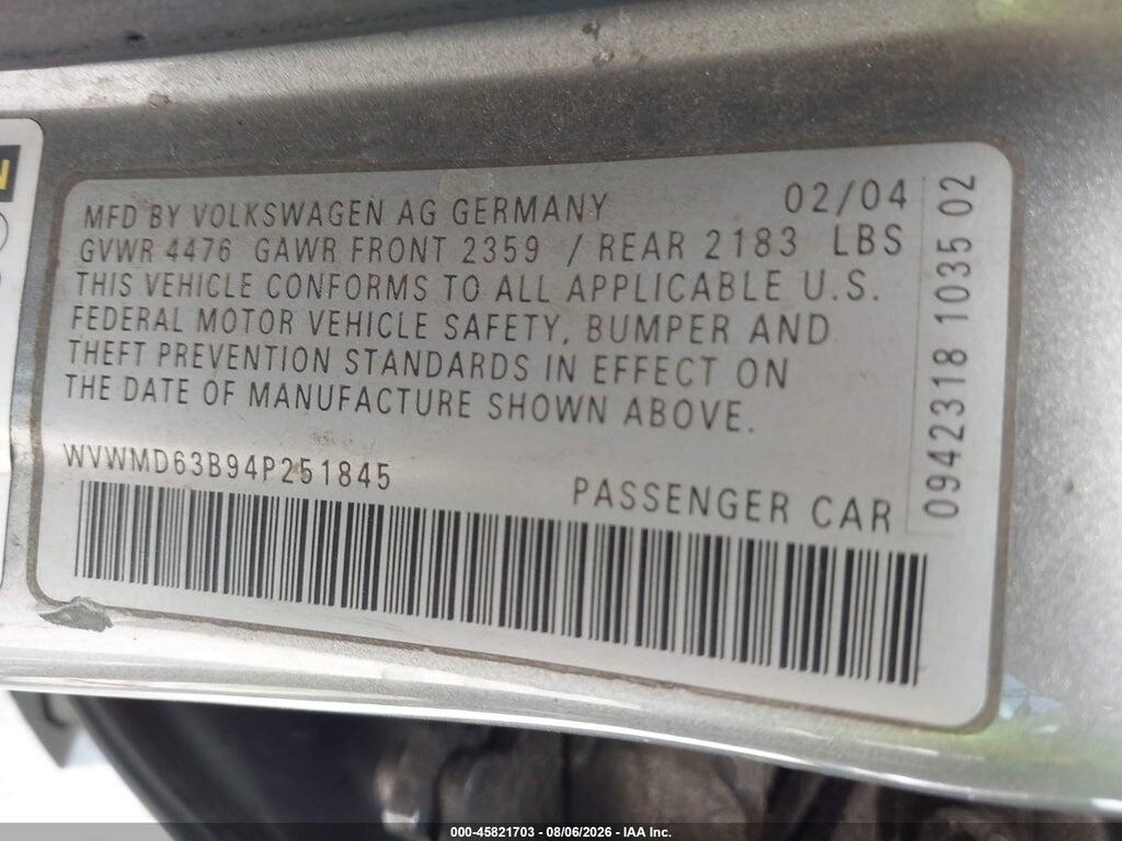 WVWMD63B94P251845 2004 VOLKSWAGEN PASSAT photo no. 9