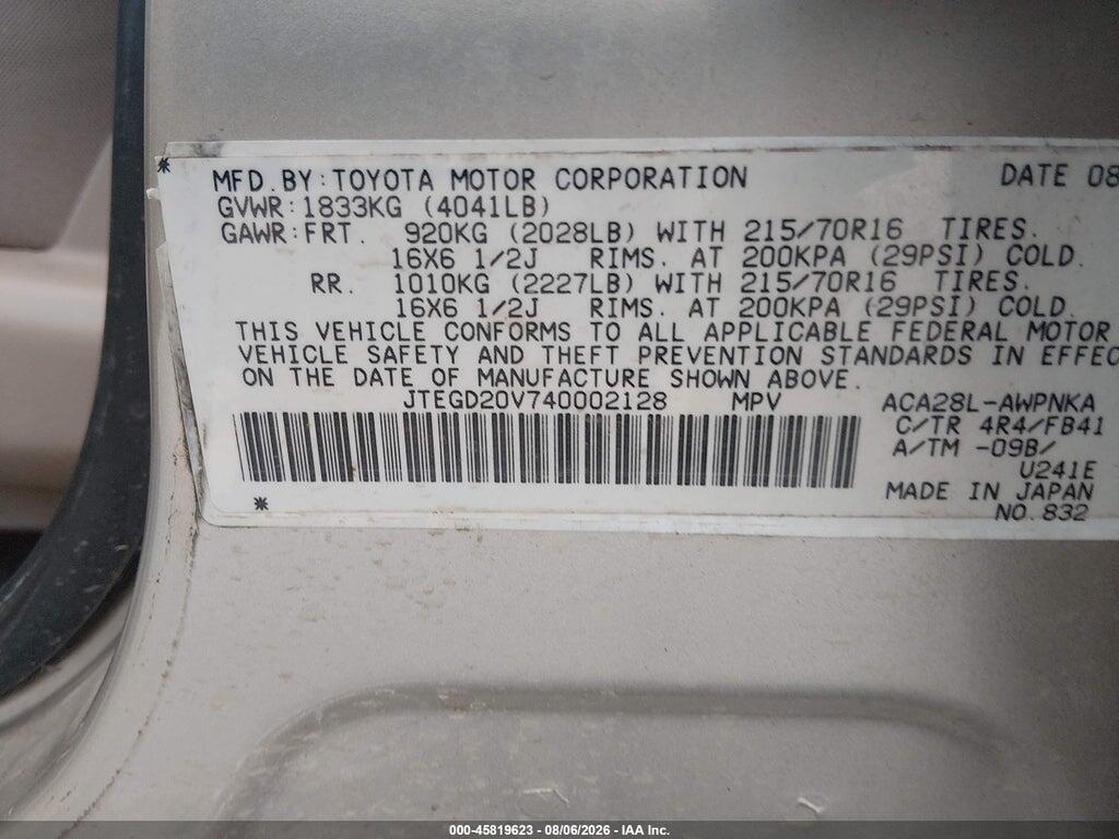 JTEGD20V740002128 2004 TOYOTA RAV4 photo no. 9