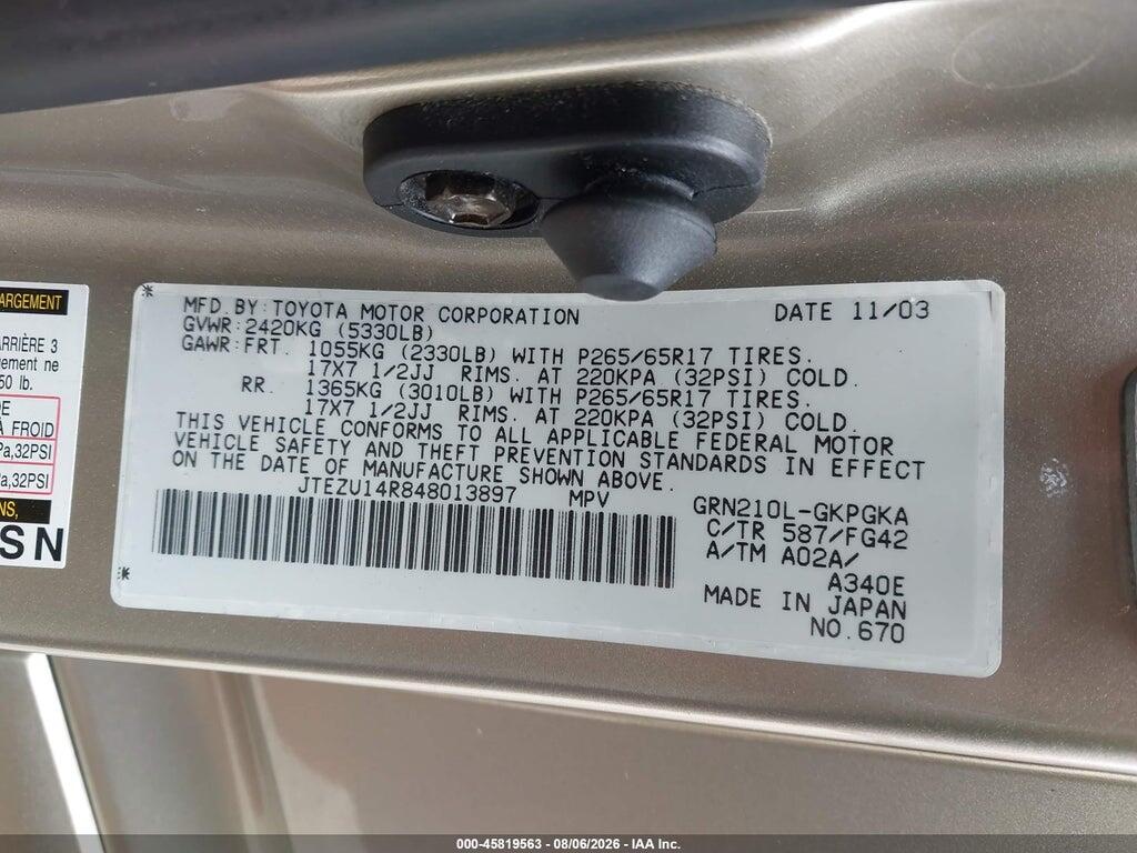 JTEZU14R848013897 2004 TOYOTA 4RUNNER photo no. 9