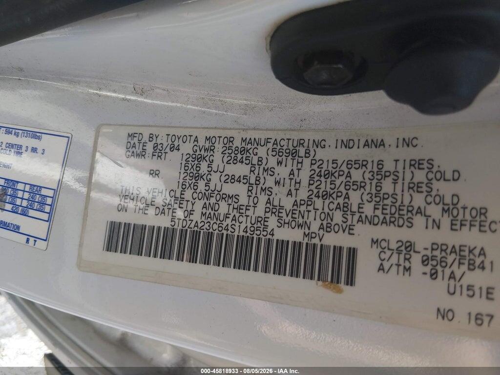 5TDZA23C64S149554 2004 TOYOTA SIENNA photo no. 9