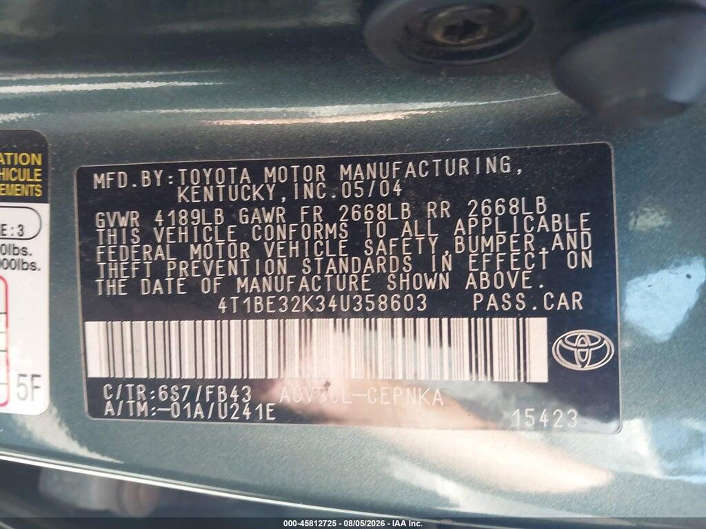 4T1BE32K34U358603 2004 TOYOTA CAMRY photo no. 9
