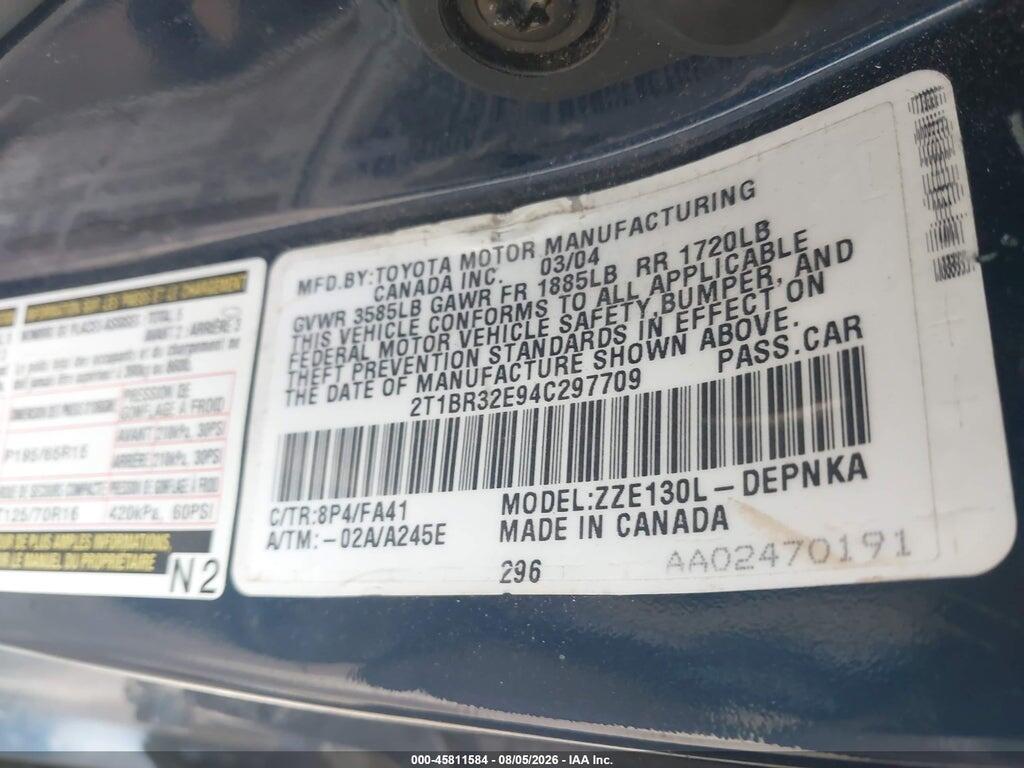 2T1BR32E94C297709 2004 TOYOTA COROLLA photo no. 9