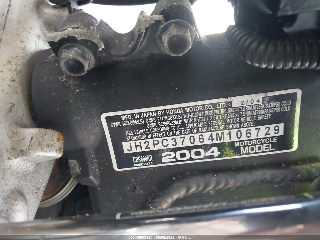 JH2PC37064M106729 2004 HONDA CBR600 photo no. 10