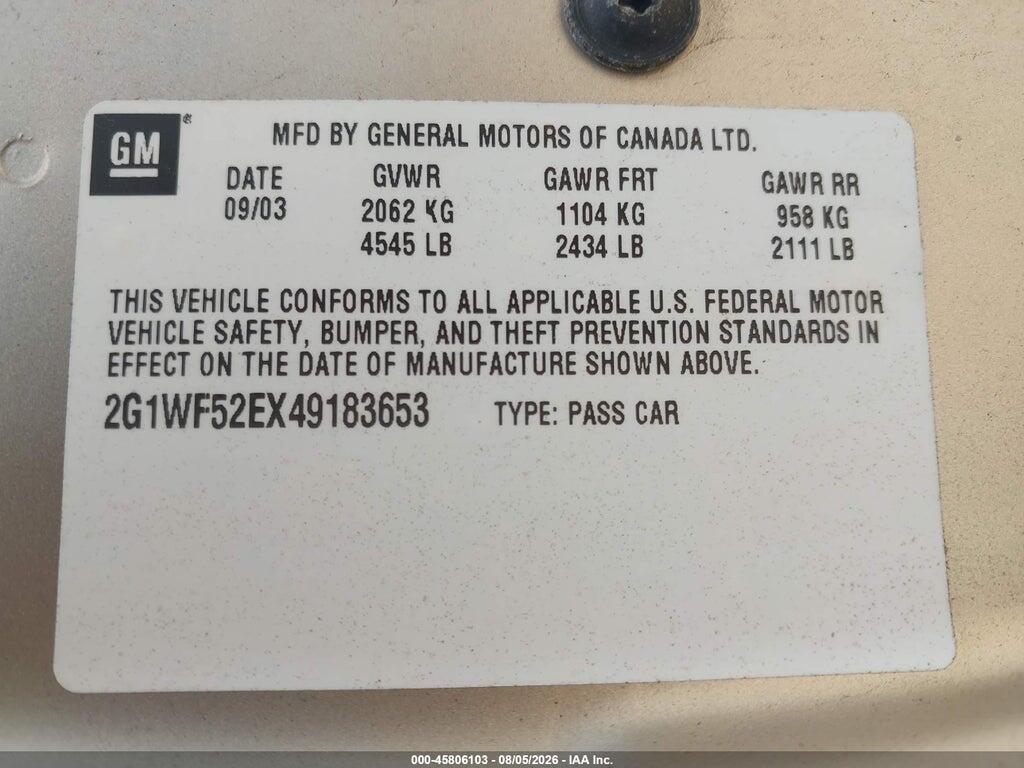 2G1WF52EX49183653 2004 CHEVROLET IMPALA photo no. 9