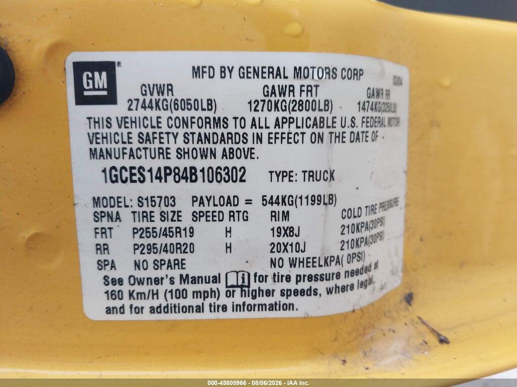 1GCES14P84B106302 2004 CHEVROLET SSR photo no. 9