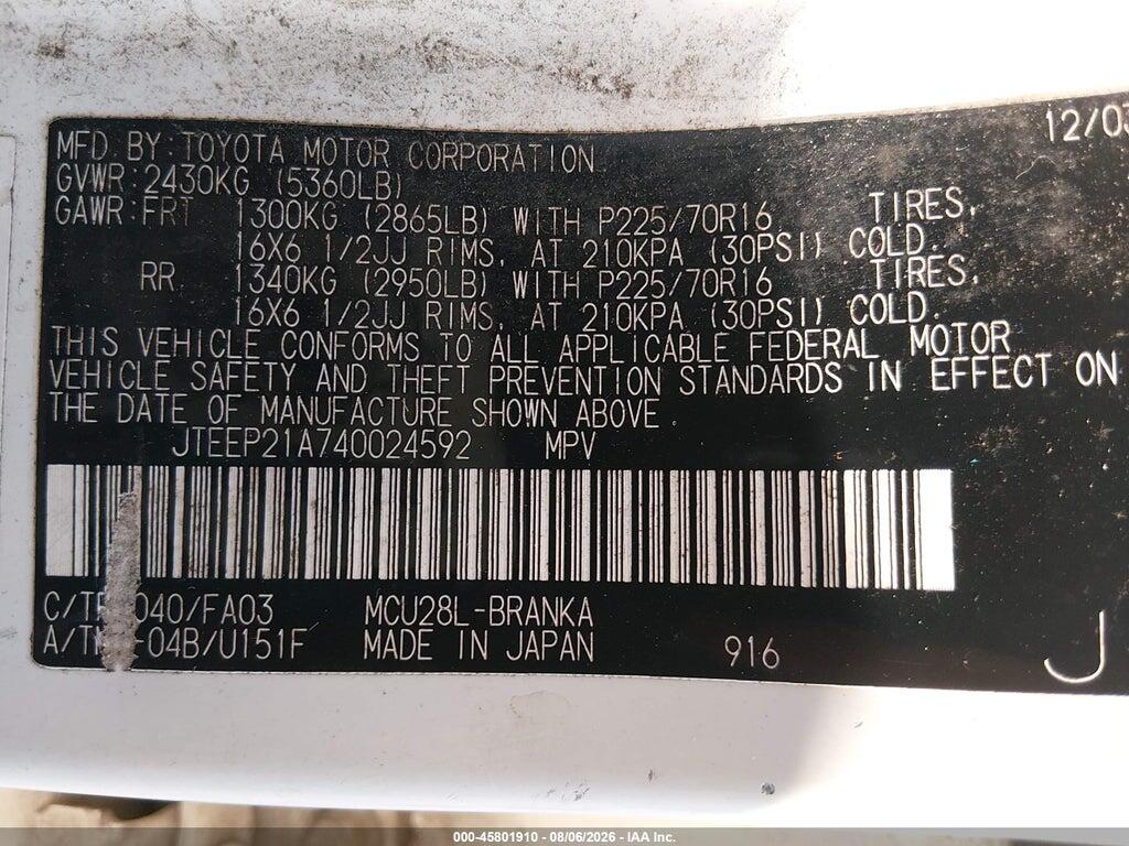 JTEEP21A740024592 2004 TOYOTA HIGHLANDER photo no. 9