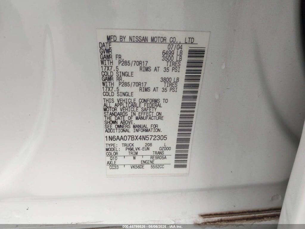1N6AA07BX4N572305 2004 NISSAN TITAN photo no. 9