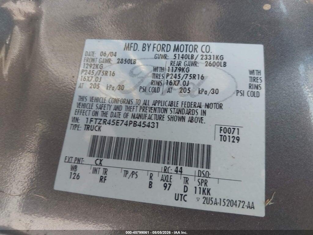 1FTZR45E74PB45431 2004 FORD RANGER photo no. 9