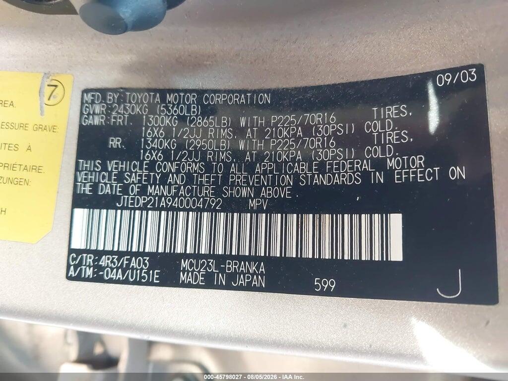 JTEDP21A940004792 2004 TOYOTA HIGHLANDER photo no. 9