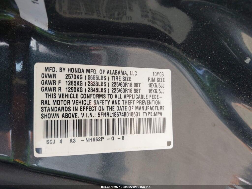 5FNRL18674B018631 2004 HONDA ODYSSEY photo no. 9