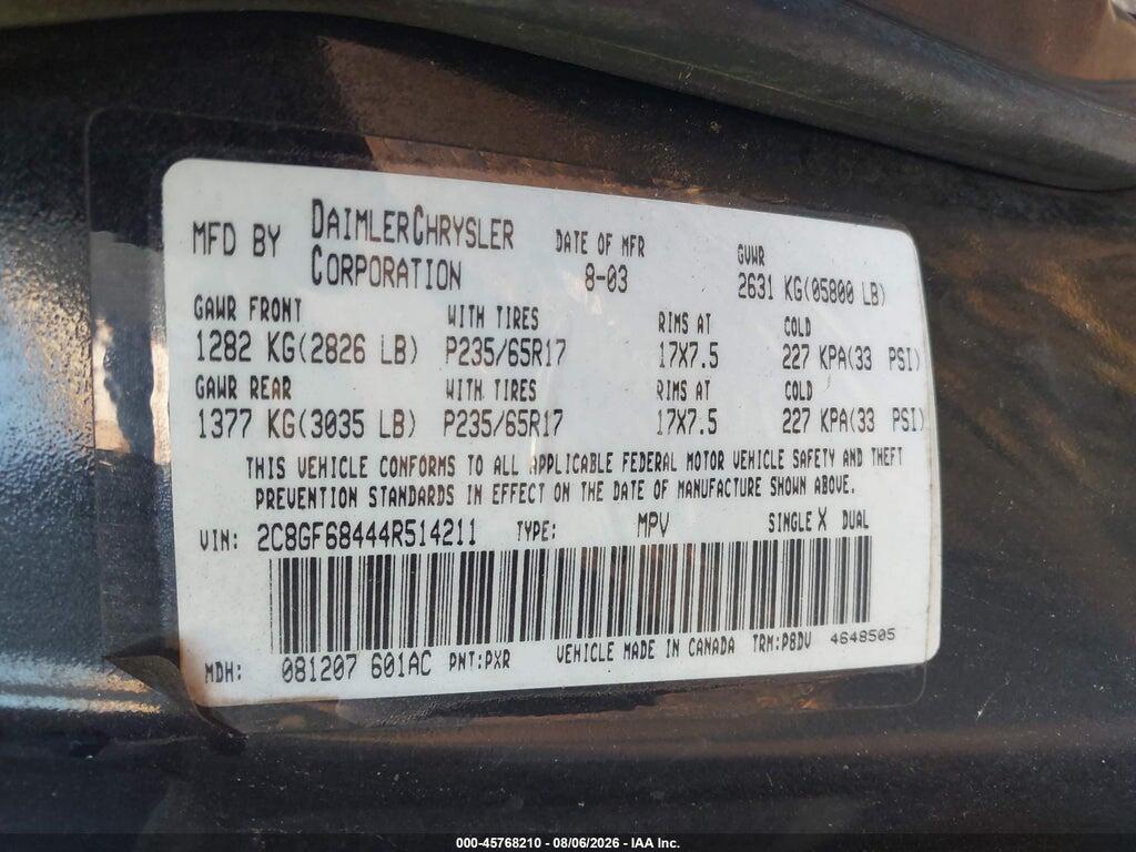 2C8GF68444R514211 2004 CHRYSLER PACIFICA photo no. 9