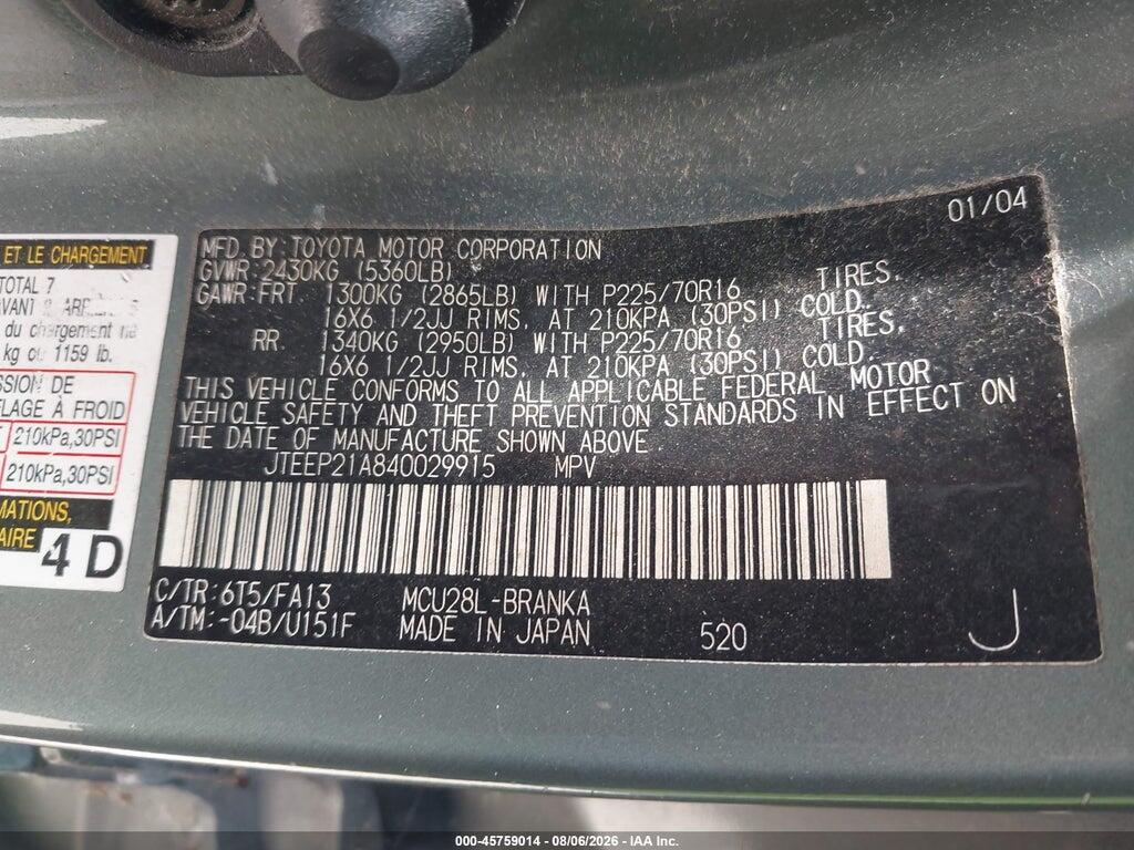 JTEEP21A840029915 2004 TOYOTA HIGHLANDER photo no. 9
