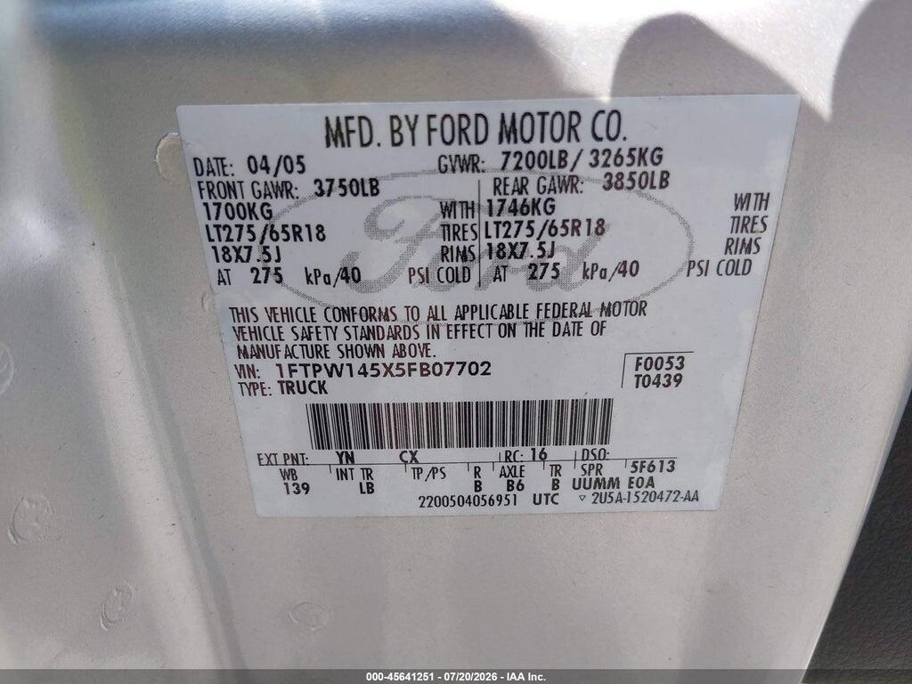 1FTPW145X5FB07702 2005 FORD F-150 photo no. 9