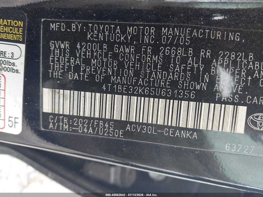 4T1BE32K65U631356 2005 TOYOTA CAMRY photo no. 9