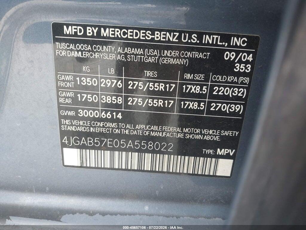 4JGAB57E05A558022 2005 MERCEDES-BENZ ML 350 photo no. 9