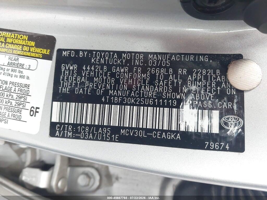 4T1BF30K25U611119 2005 TOYOTA CAMRY photo no. 9