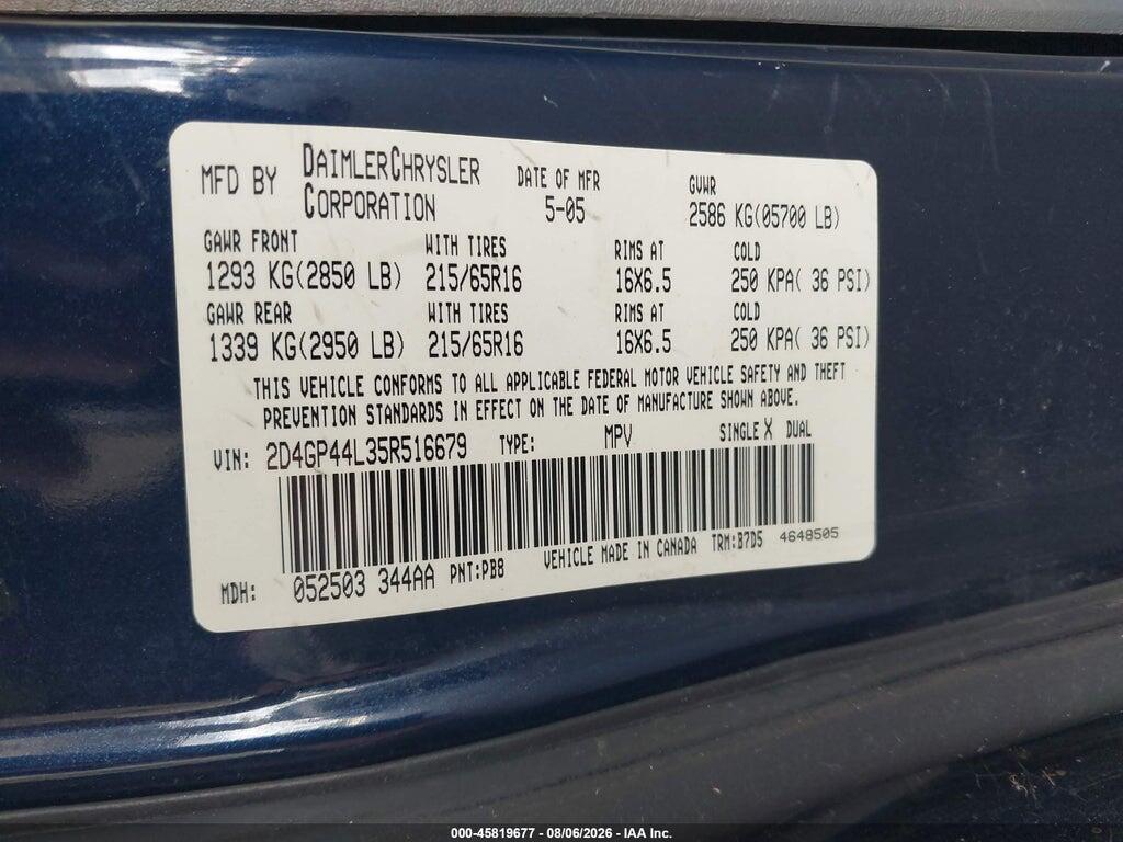 2D4GP44L35R516679 2005 DODGE GRAND CARAVAN photo no. 9