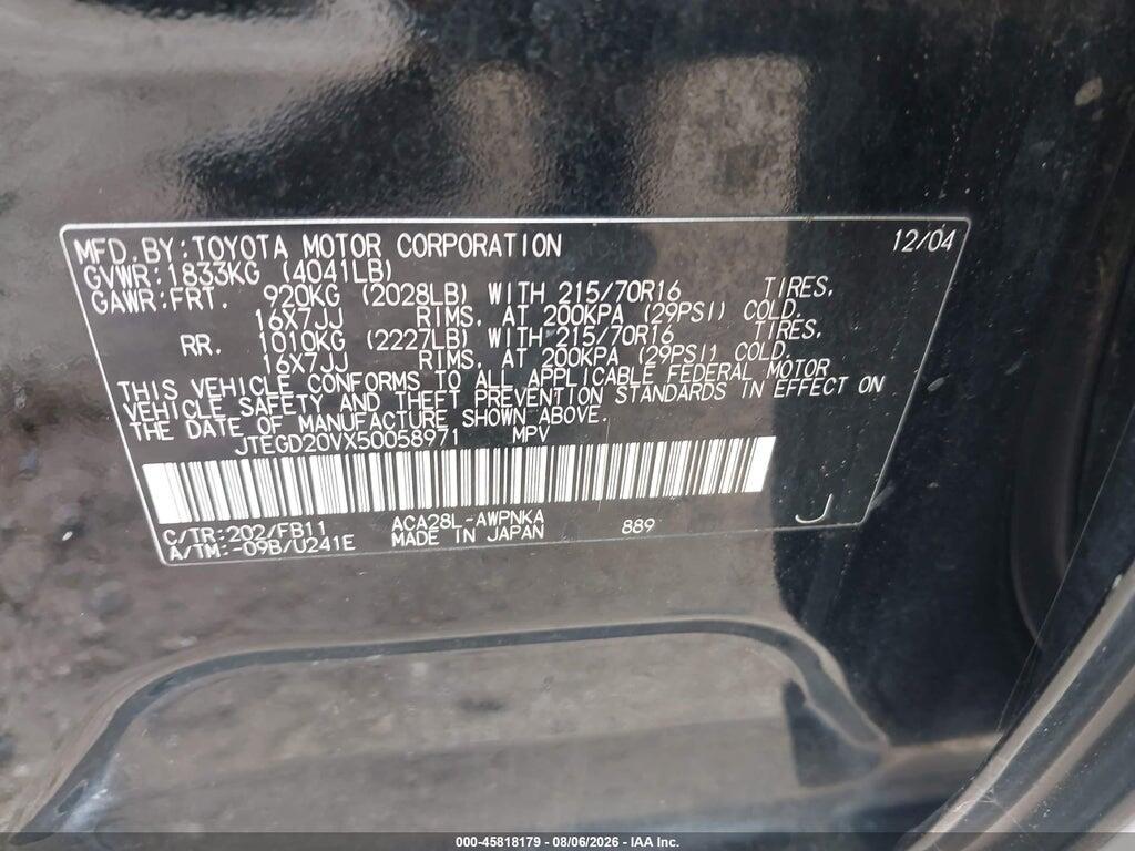 JTEGD20VX50058971 2005 TOYOTA RAV4 photo no. 9