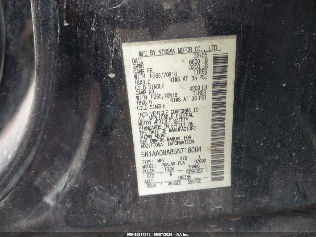 5N1AA08A85N716004 2005 NISSAN ARMADA photo no. 9