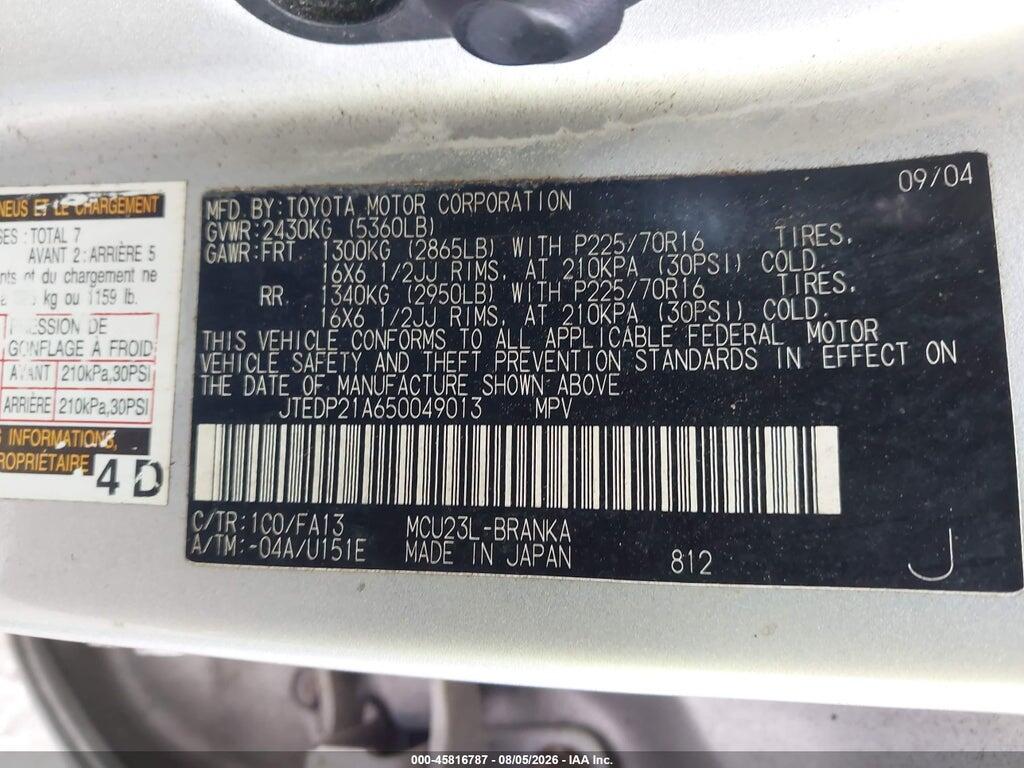 JTEDP21A650049013 2005 TOYOTA HIGHLANDER photo no. 9