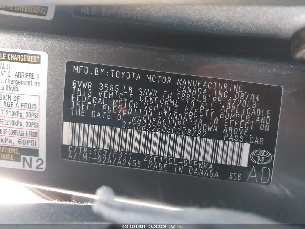 2T1BR32E05C368782 2005 TOYOTA COROLLA photo no. 9