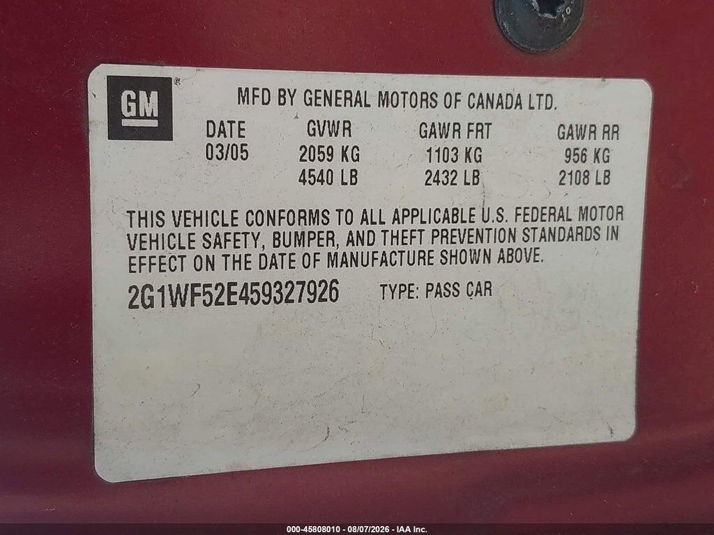 2G1WF52E459327926 2005 CHEVROLET IMPALA photo no. 9