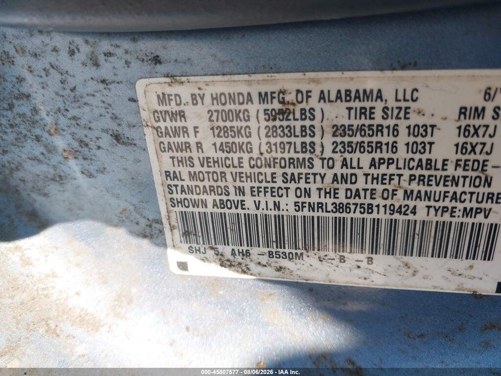 5FNRL38675B119424 2005 HONDA ODYSSEY photo no. 9