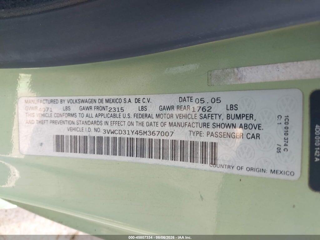 3VWCD31Y45M367007 2005 VOLKSWAGEN NEW BEETLE photo no. 9